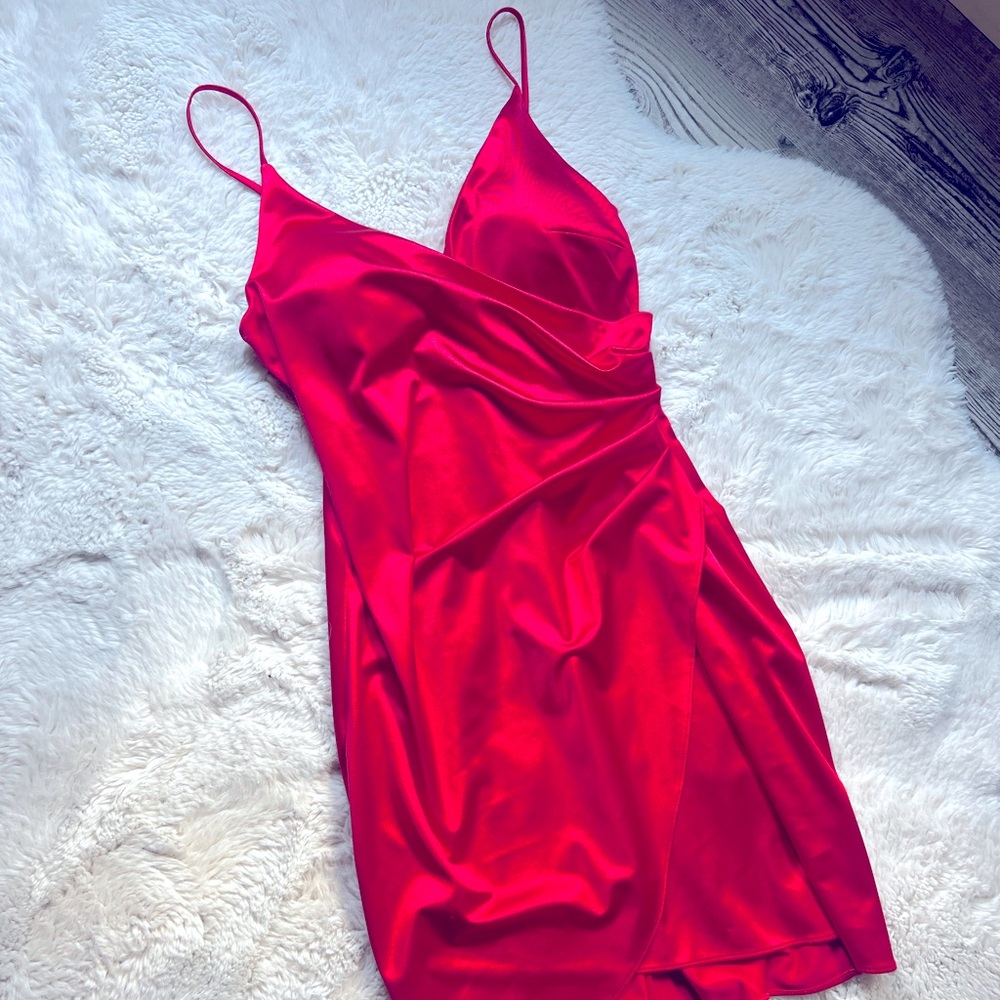 Red Satin Draped Mini-Dress